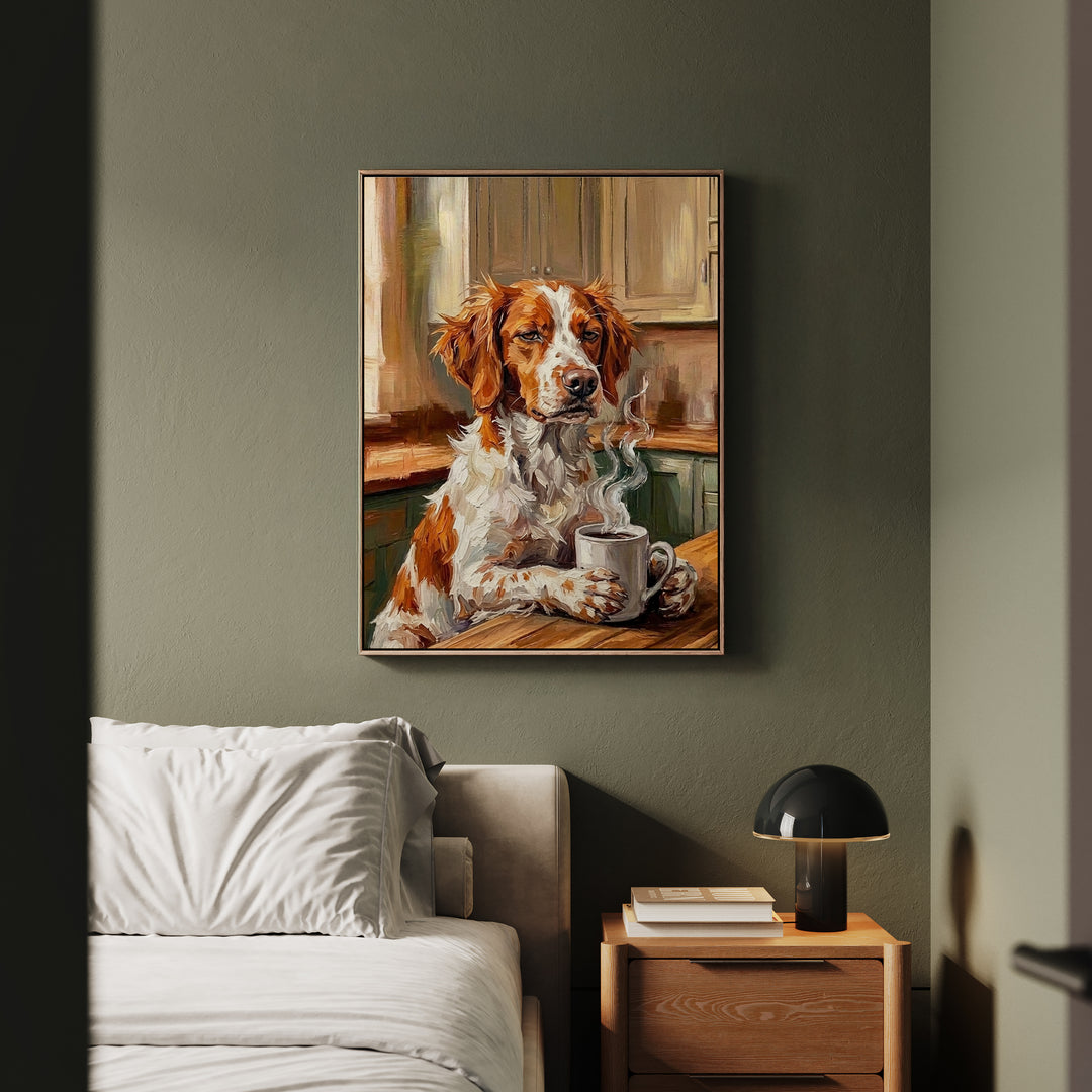 "Before Coffee" - Brittany Spaniel Vertical Framed Canvas - Dog Lover Wall Art