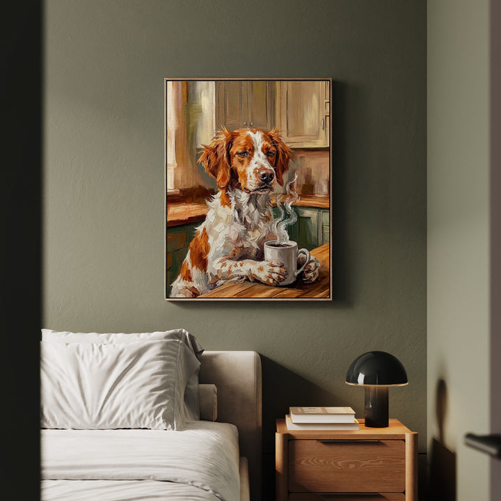 "Before Coffee" - Brittany Spaniel Vertical Framed Canvas - Dog Lover Wall Art