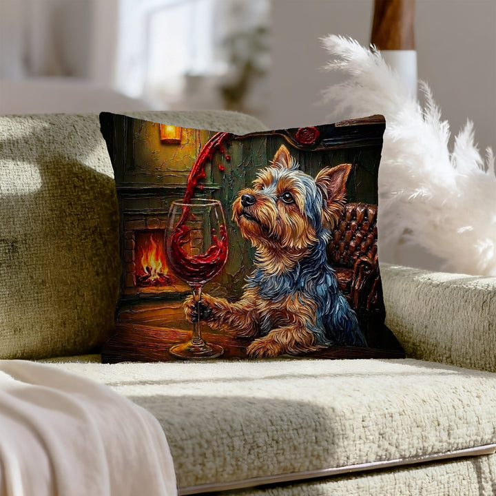 "Wine & Woof" - Yorkie Throw Pillow - Dog Lover Home Decor