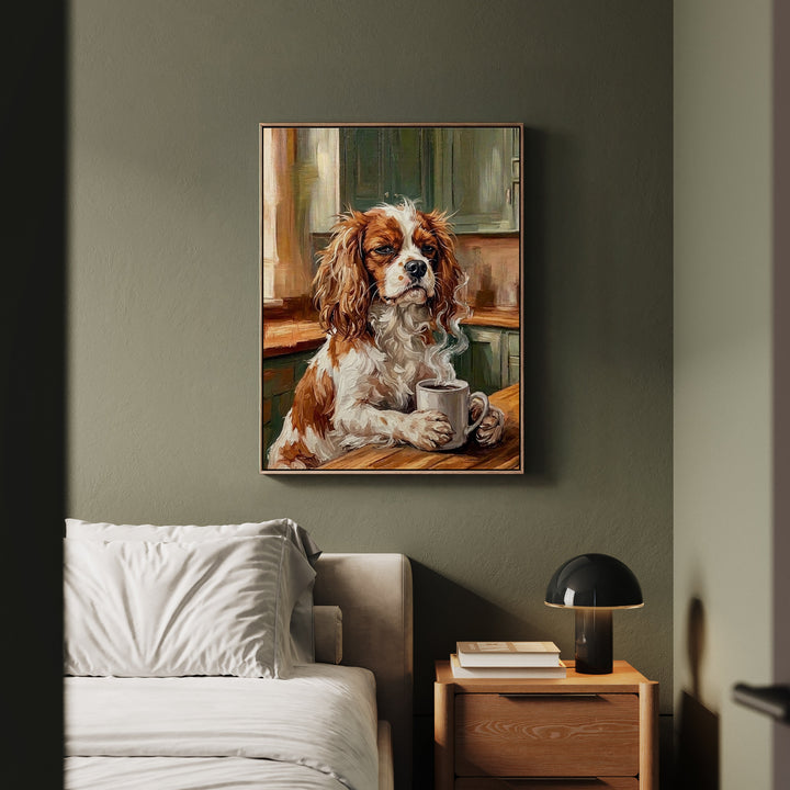 "Before Coffee" - Cavalier King Charles Vertical Framed Canvas - Dog Lover Wall Art
