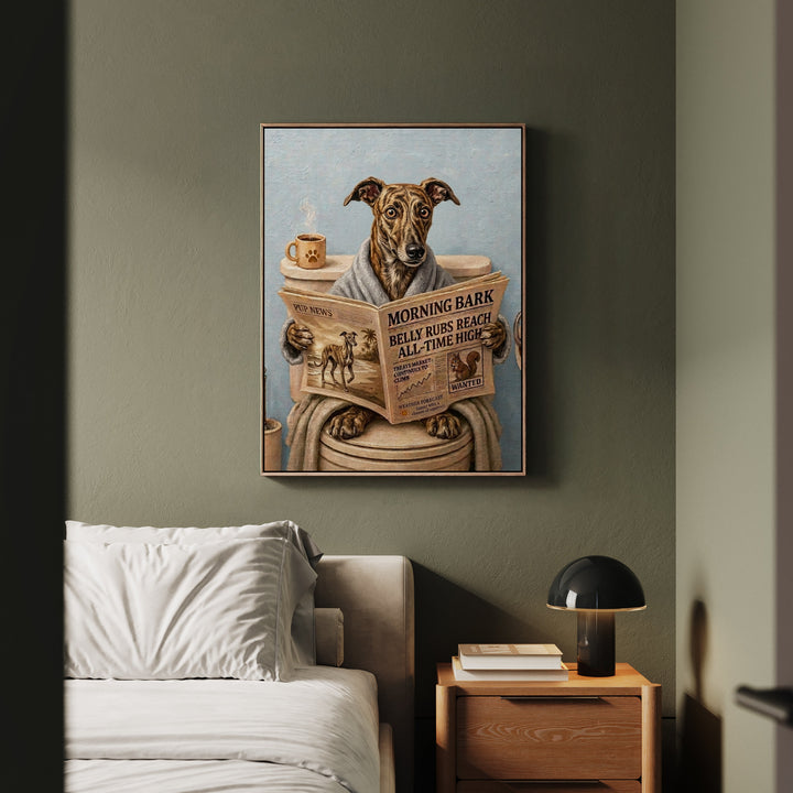 "Morning Business" - Greyhound Vertical Framed Canvas - Dog Lover Wall Art