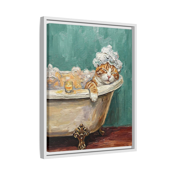 "Spa Day" - Orange & White Tabby Vertical Framed Canvas - Cat Lover Wall Art