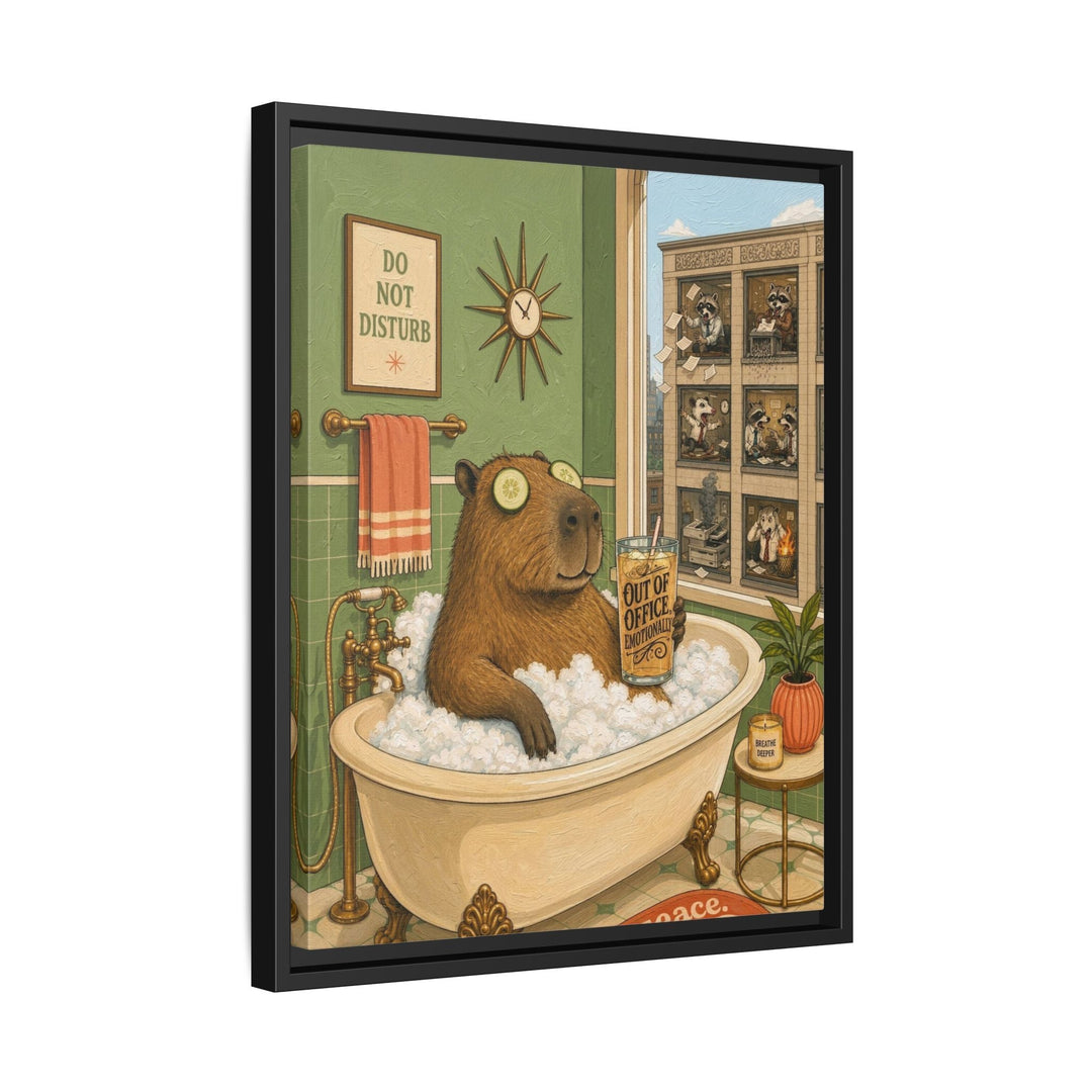 "Out of Office Emotionally" - Capybara Vertical Framed Canvas - Dark Burnout Humor Wall Art
