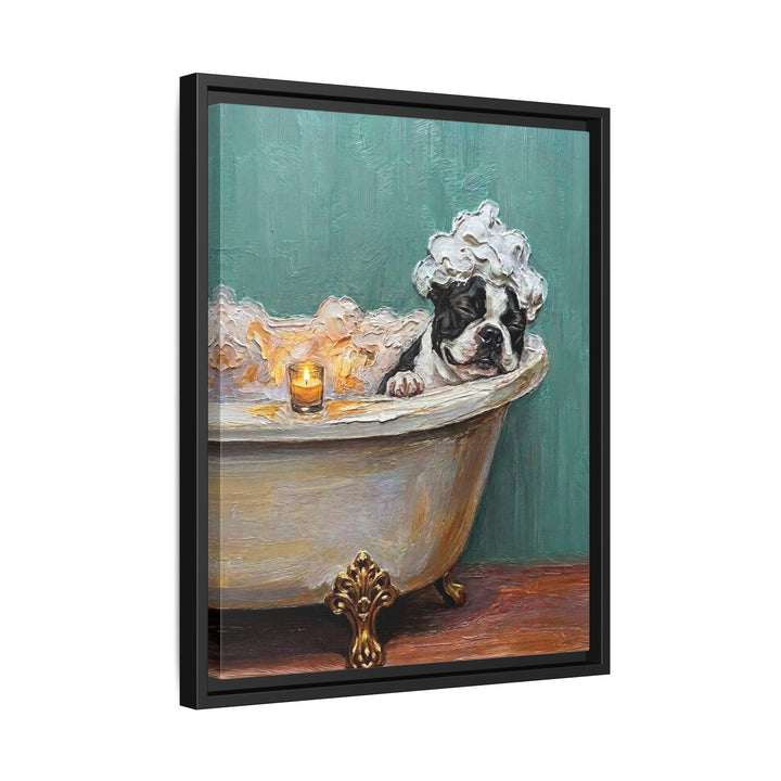 "Spa Day" - Boston Terrier Vertical Framed Canvas - Dog Lover Wall Art