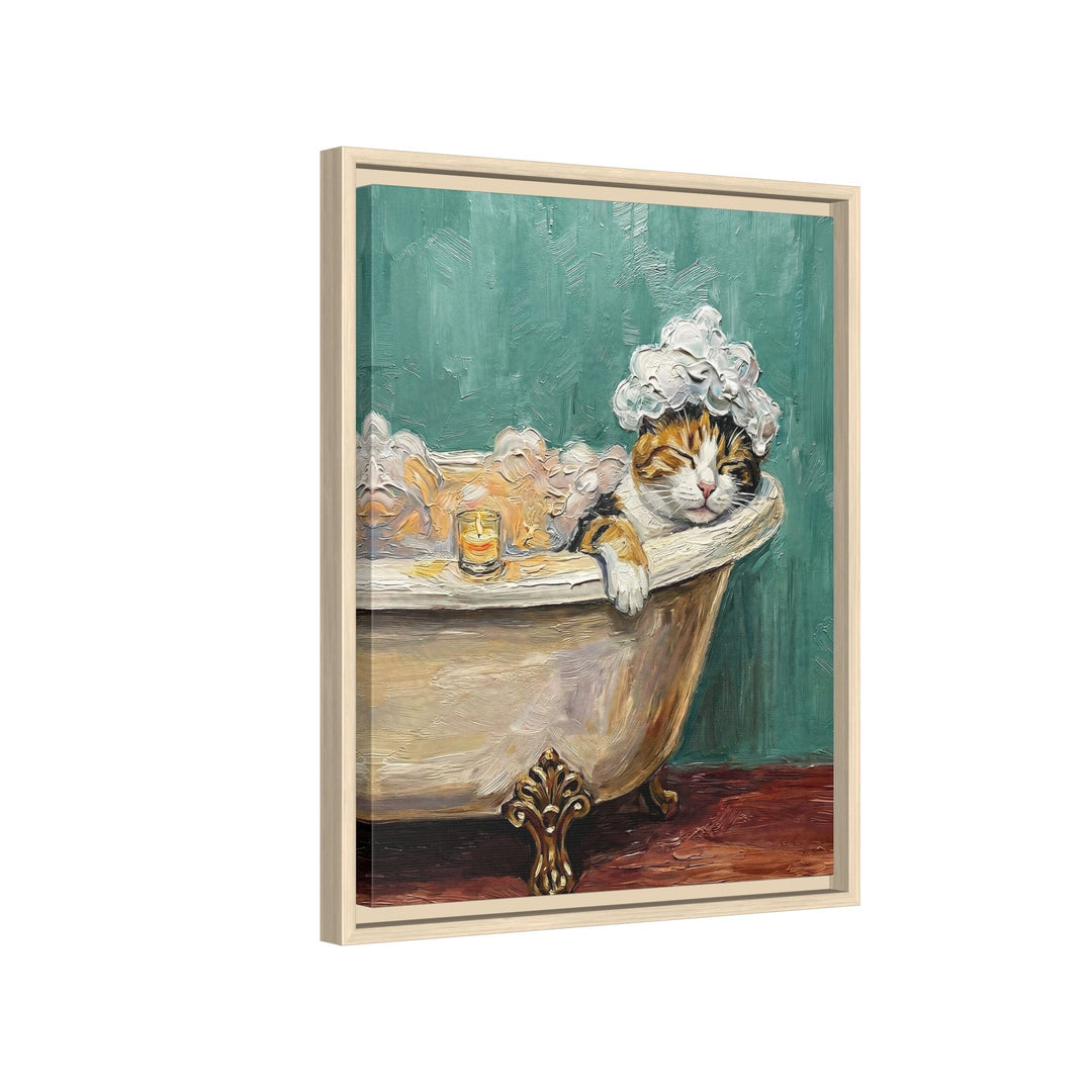 "Spa Day" - Calico Vertical Framed Canvas - Cat Lover Wall Art
