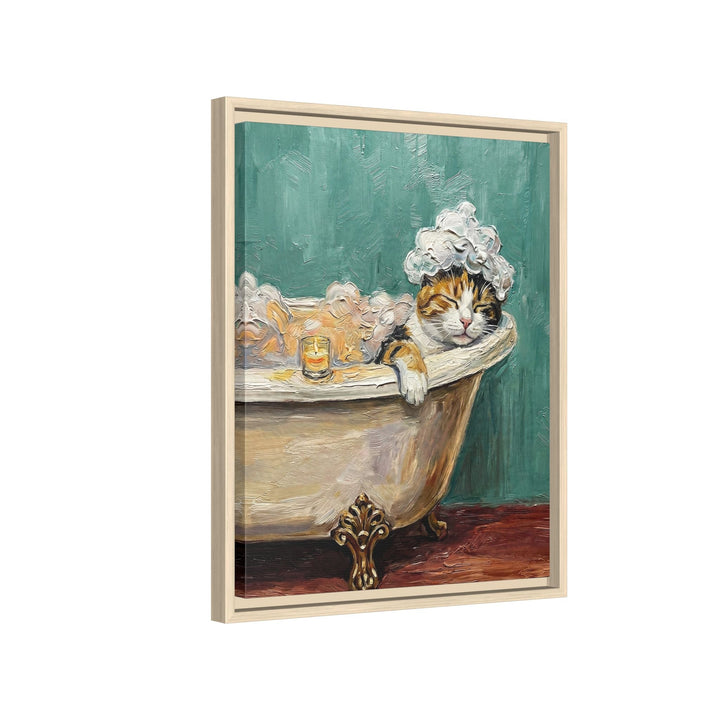 "Spa Day" - Calico Vertical Framed Canvas - Cat Lover Wall Art