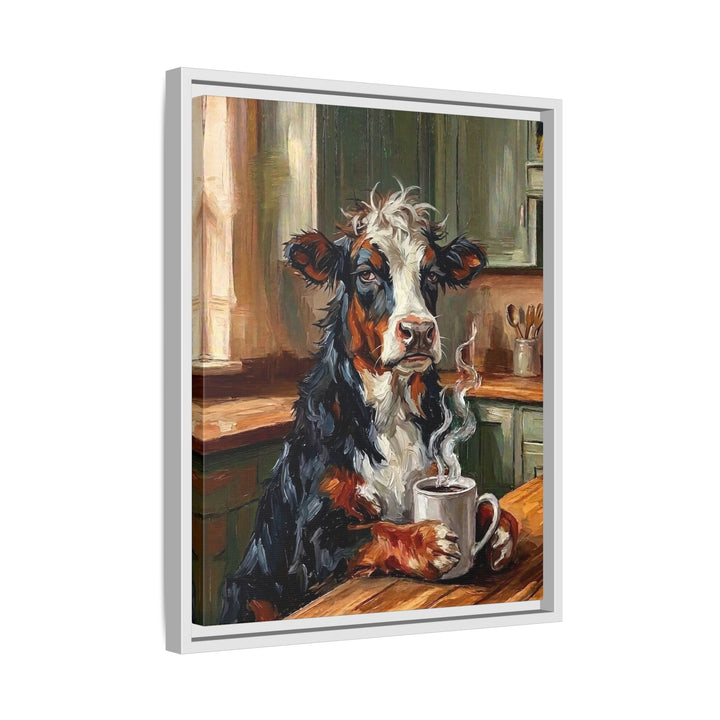 "Coffee & Silence" - Cow Vertical Framed Canvas - Spirit Animal Wall Art