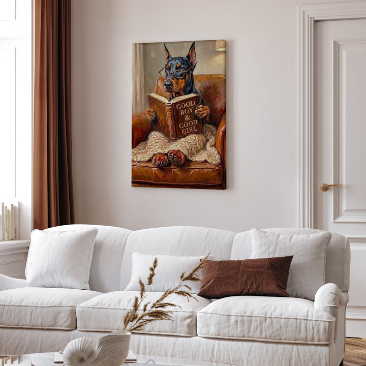 "Evening Read" - Doberman Vertical Canvas - Dog Lover Wall Art