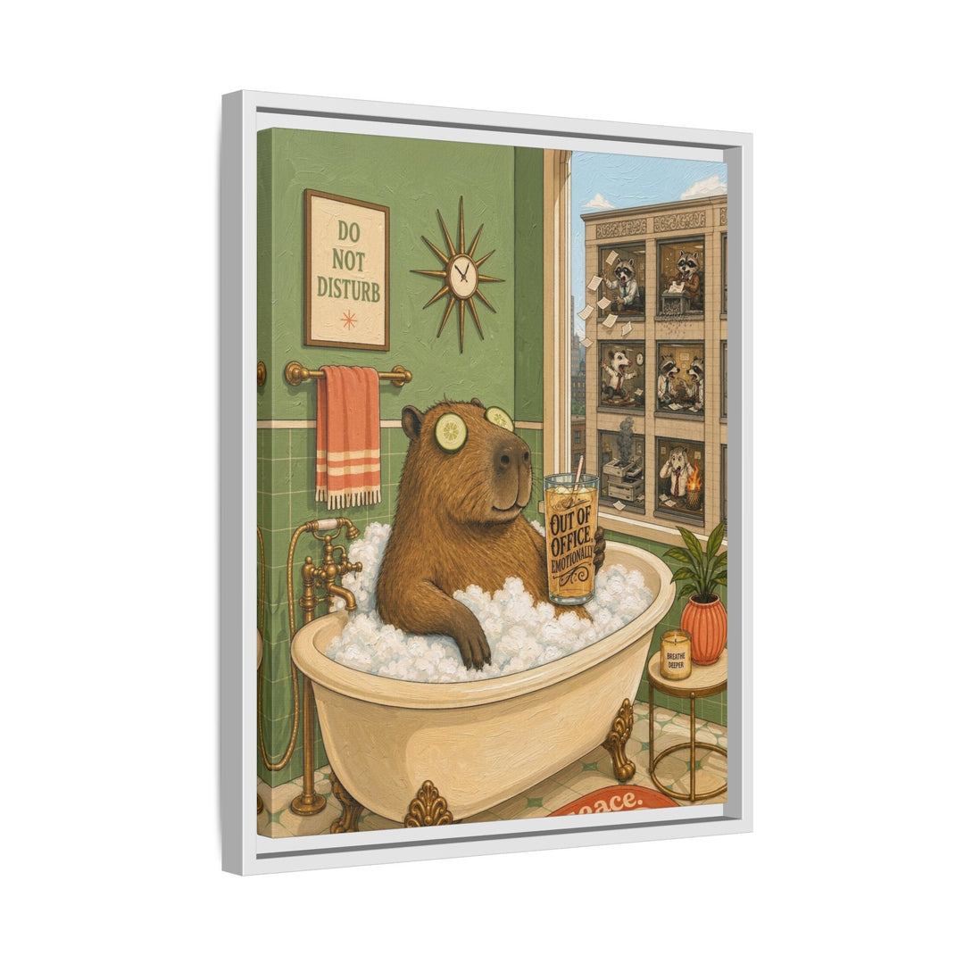 "Out of Office Emotionally" - Capybara Vertical Framed Canvas - Dark Burnout Humor Wall Art