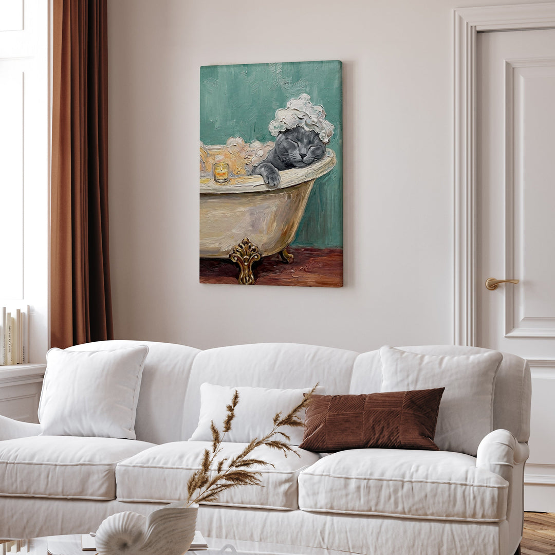 "Spa Day" - Solid Grey Vertical Canvas - Cat Lover Wall Art