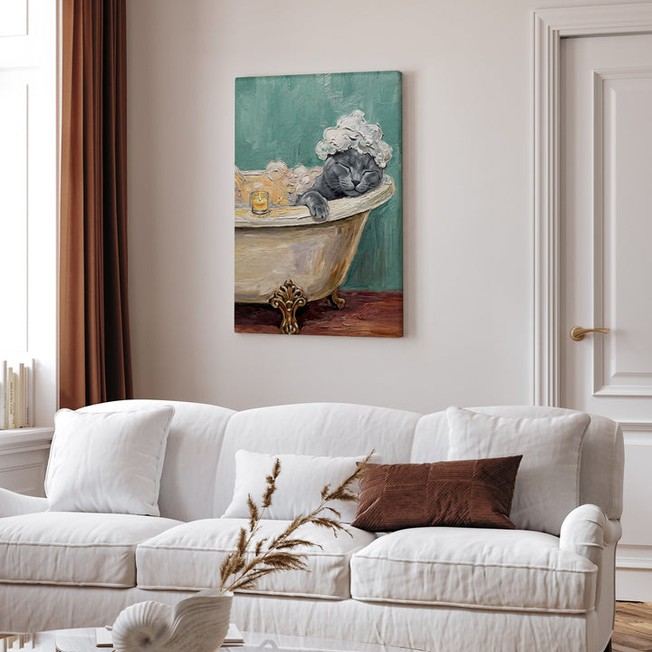 "Spa Day" - Solid Grey Vertical Canvas - Cat Lover Wall Art
