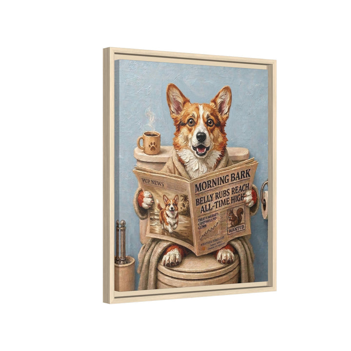 "Morning Business" - Corgi Vertical Framed Canvas - Dog Lover Wall Art