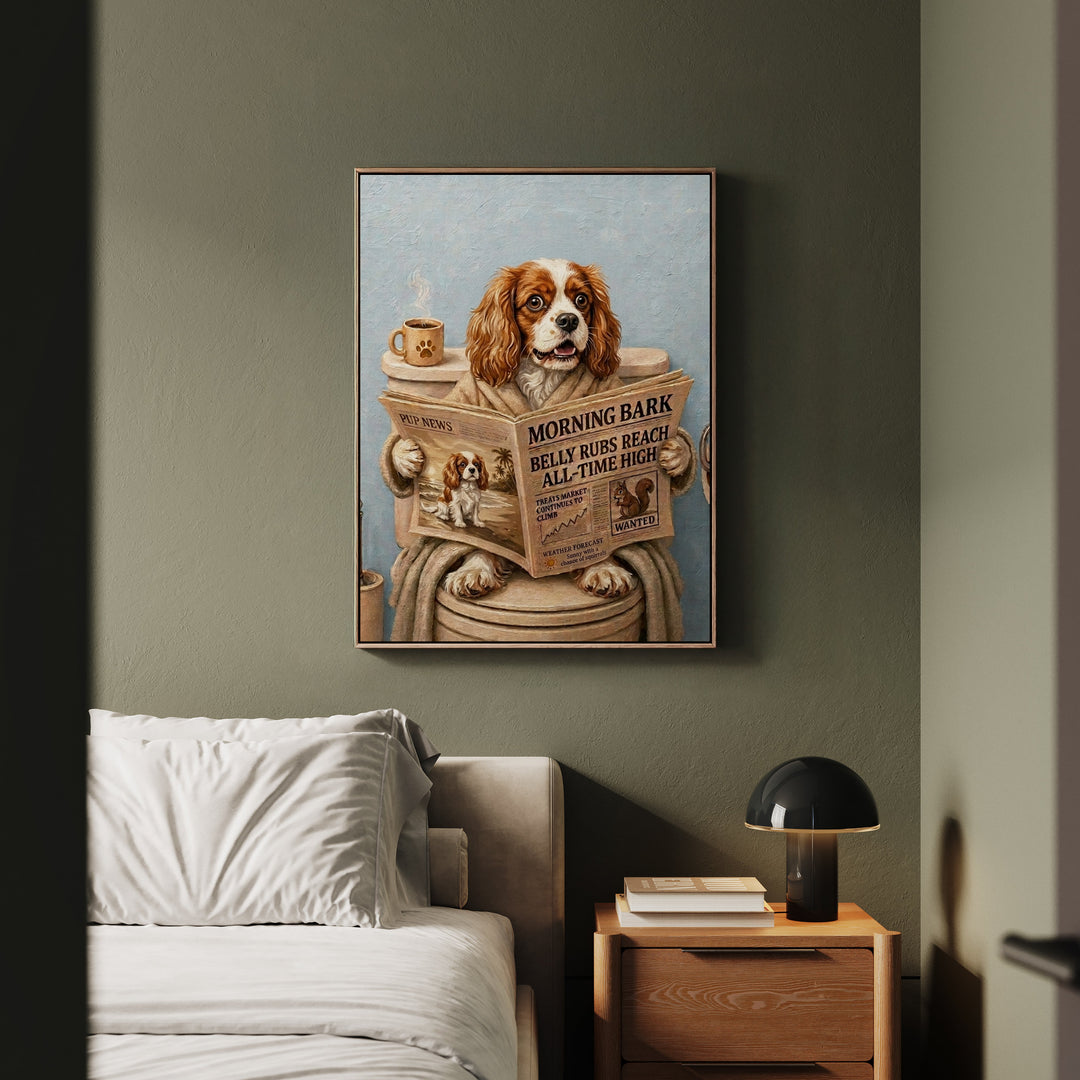"Morning Business" - Cavalier King Charles Vertical Framed Canvas - Dog Lover Wall Art