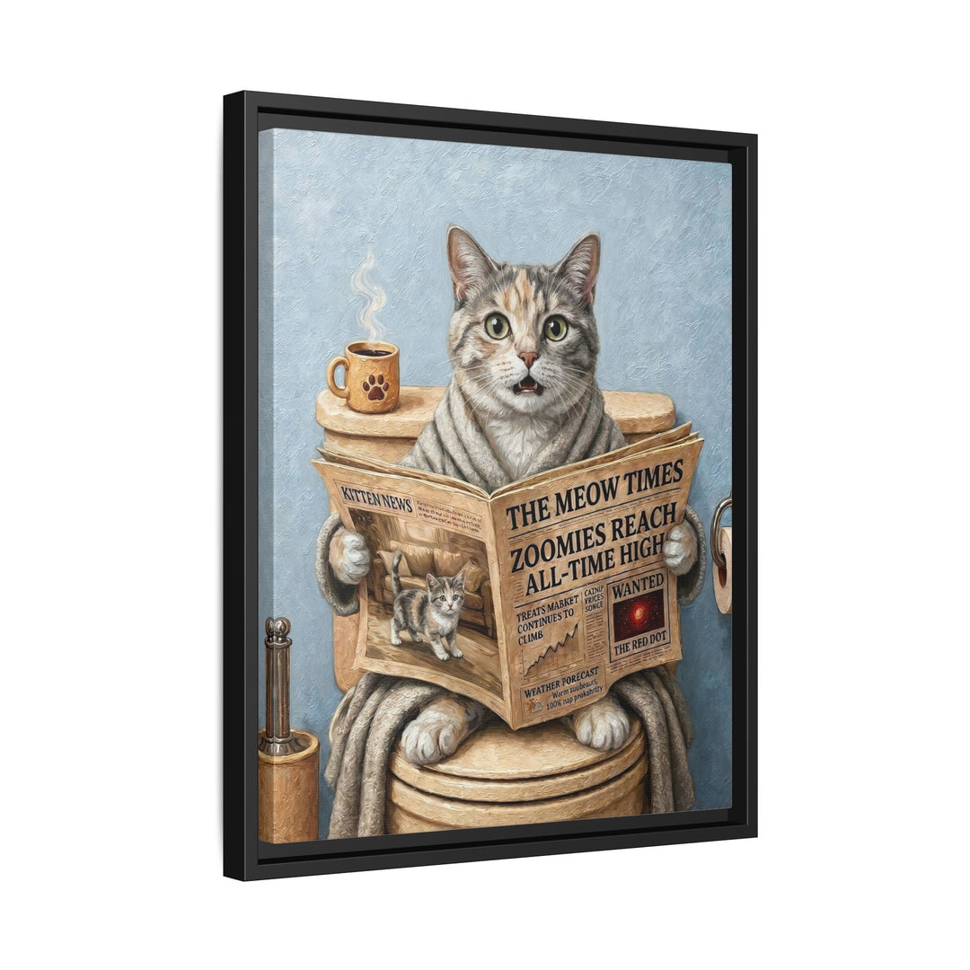 "Morning Business" - Dilute Calico Vertical Framed Canvas - Cat Lover Wall Art