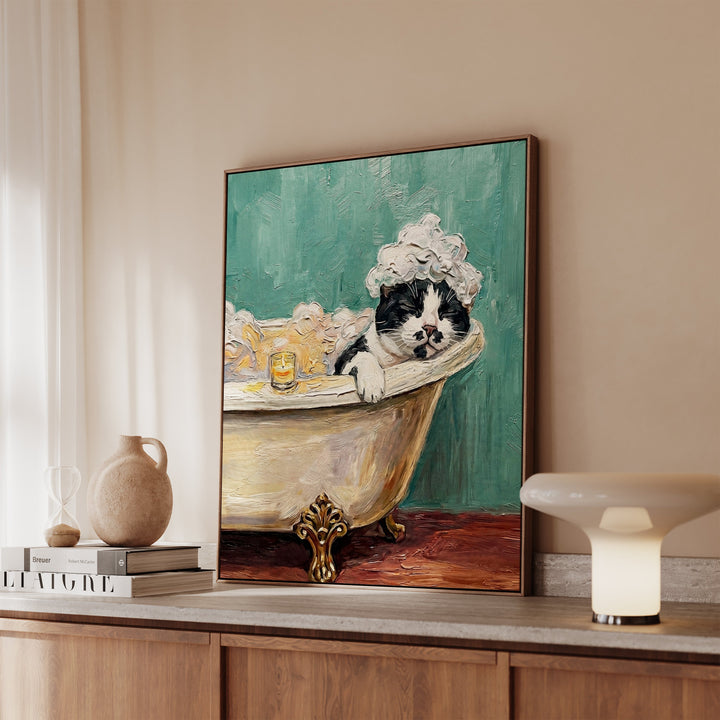 "Spa Day" - Black & White Bicolor Vertical Framed Canvas - Cat Lover Wall Art