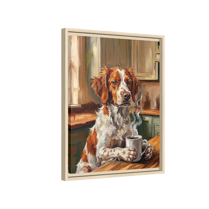 "Before Coffee" - Brittany Spaniel Vertical Framed Canvas - Dog Lover Wall Art