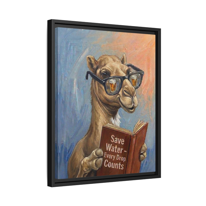 "Save Water" - Camel Vertical Framed Canvas - Animal Book Humor Wall Art