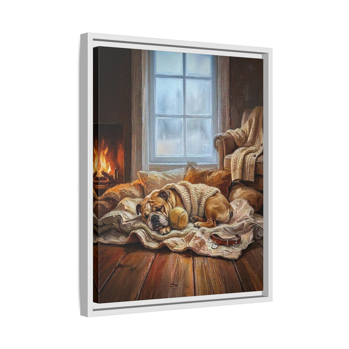 "Calm Memories" - English Bulldog Vertical Framed Canvas - Dog Lover Wall Art