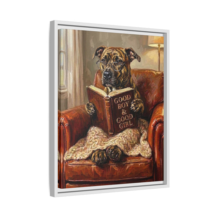 "Evening Read" - Pit Bull Vertical Framed Canvas - Dog Lover Wall Art