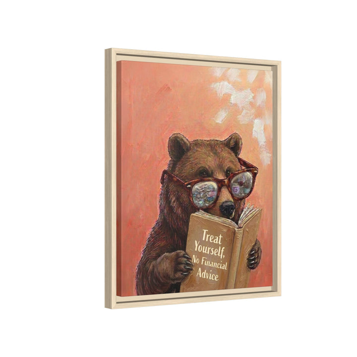 "Treat Yourself" - Bear Vertical Framed Canvas - Animal Book Humor Wall Art