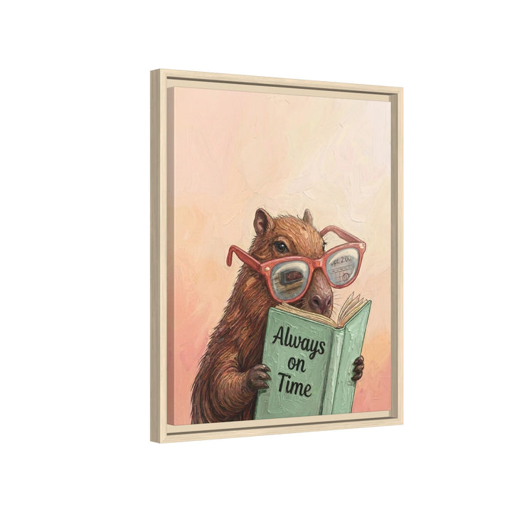 "Always on Time" - Capybara Vertical Framed Canvas - Animal Book Humor Wall Art