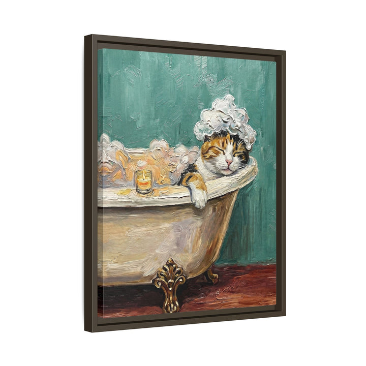 "Spa Day" - Calico Vertical Framed Canvas - Cat Lover Wall Art