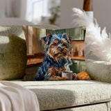 "Before Coffee" - Yorkie Throw Pillow - Dog Lover Home Decor