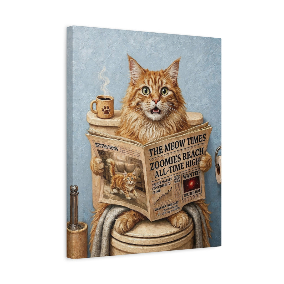 "Morning Business" - Fluffy Orange Longhair Vertical Canvas - Cat Lover Wall Art