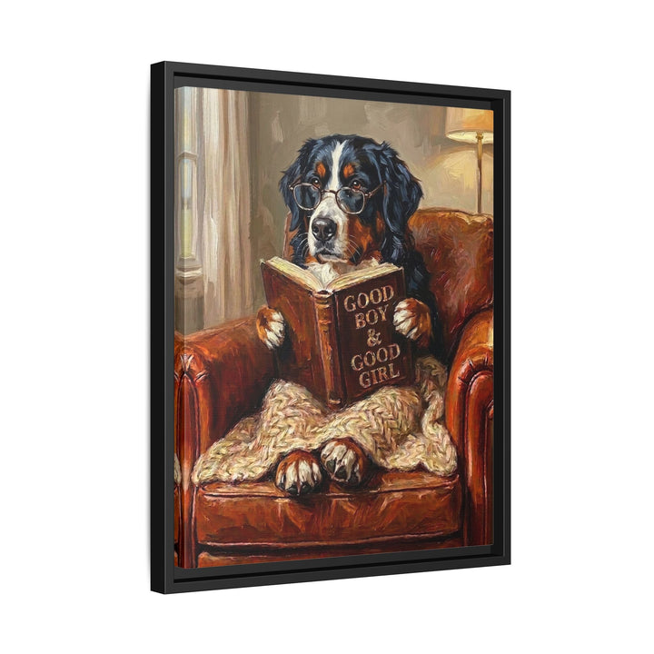 "Evening Read" - Bernese Mountain Dog Vertical Framed Canvas - Dog Lover Wall Art