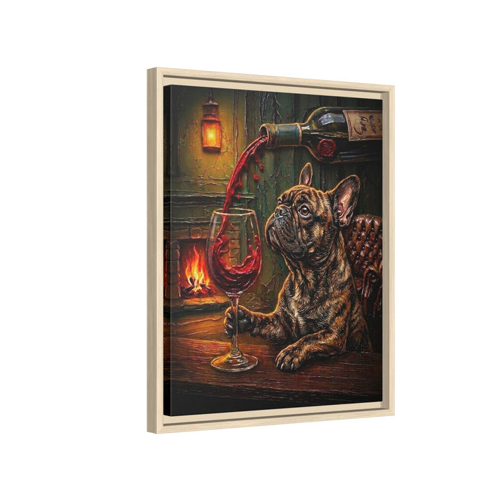 "Wine & Woof" - French Bulldog Vertical Framed Canvas - Dog Lover Wall Art
