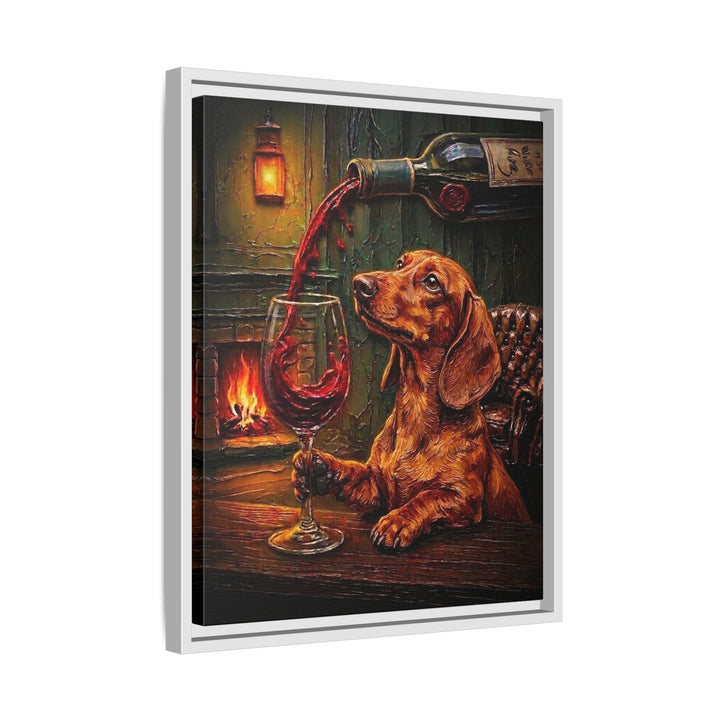"Wine & Woof" - Dachshund Vertical Framed Canvas - Dog Lover Wall Art