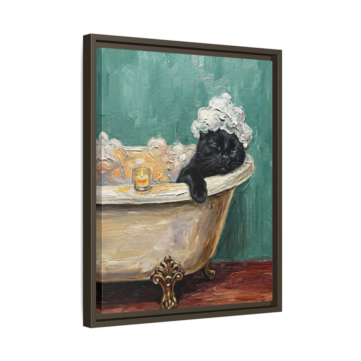 "Spa Day" - Black Vertical Framed Canvas - Cat Lover Wall Art
