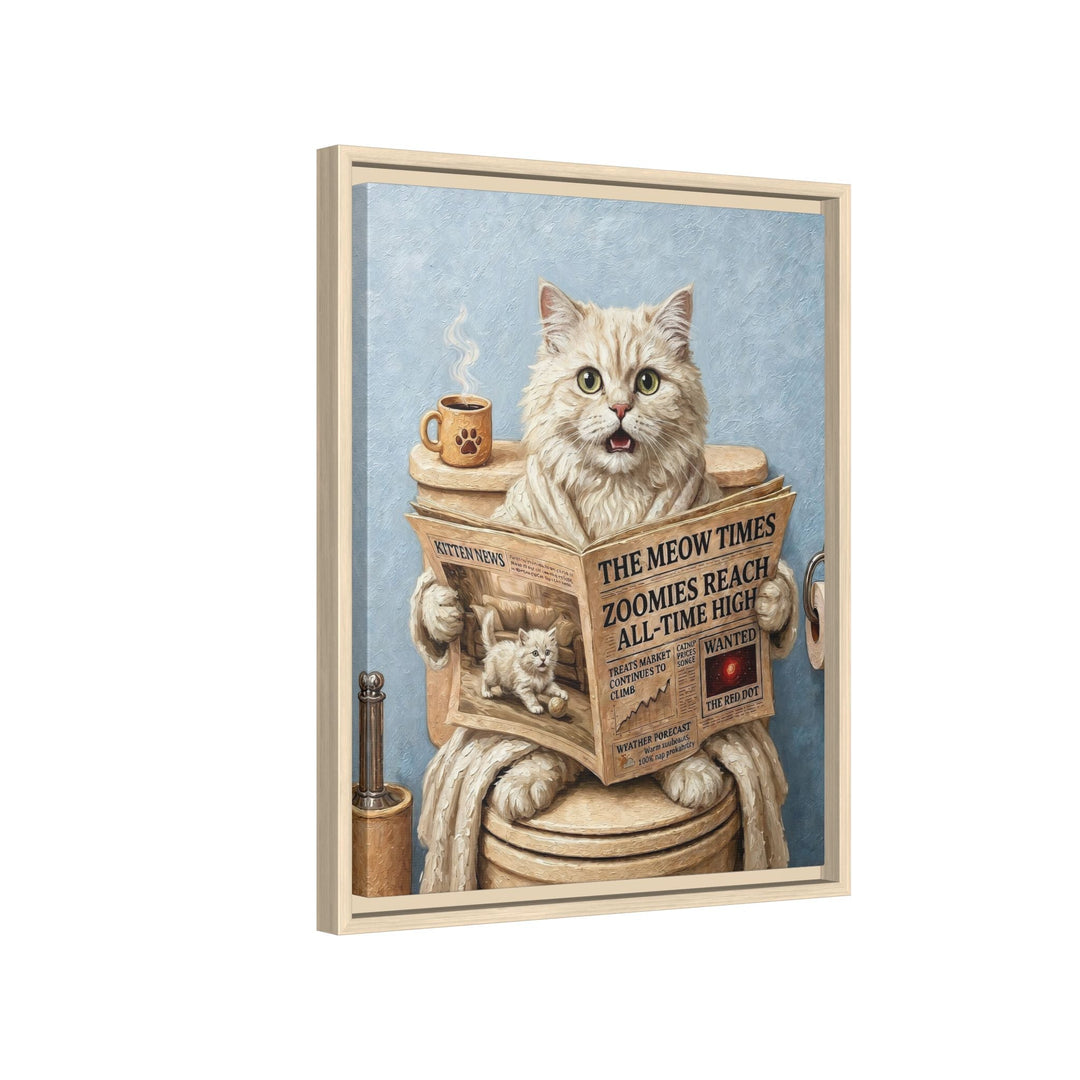 "Morning Business" - Fluffy White Cream Longhair Vertical Framed Canvas - Cat Lover Wall Art