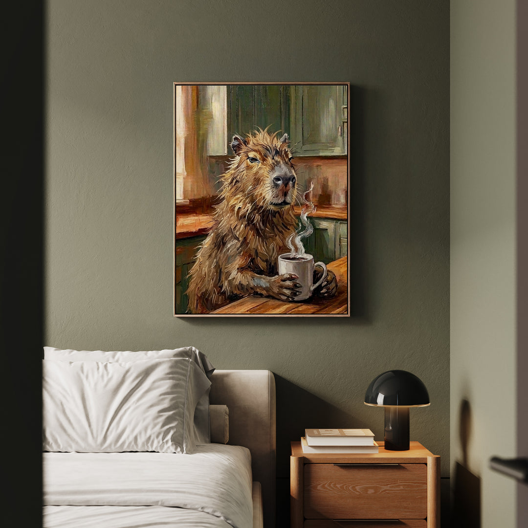 "Coffee & Silence" - Capybara Vertical Framed Canvas - Spirit Animal Wall Art