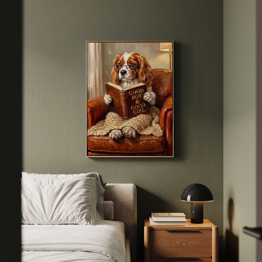 "Evening Read" - Cavalier King Charles Vertical Framed Canvas - Dog Lover Wall Art
