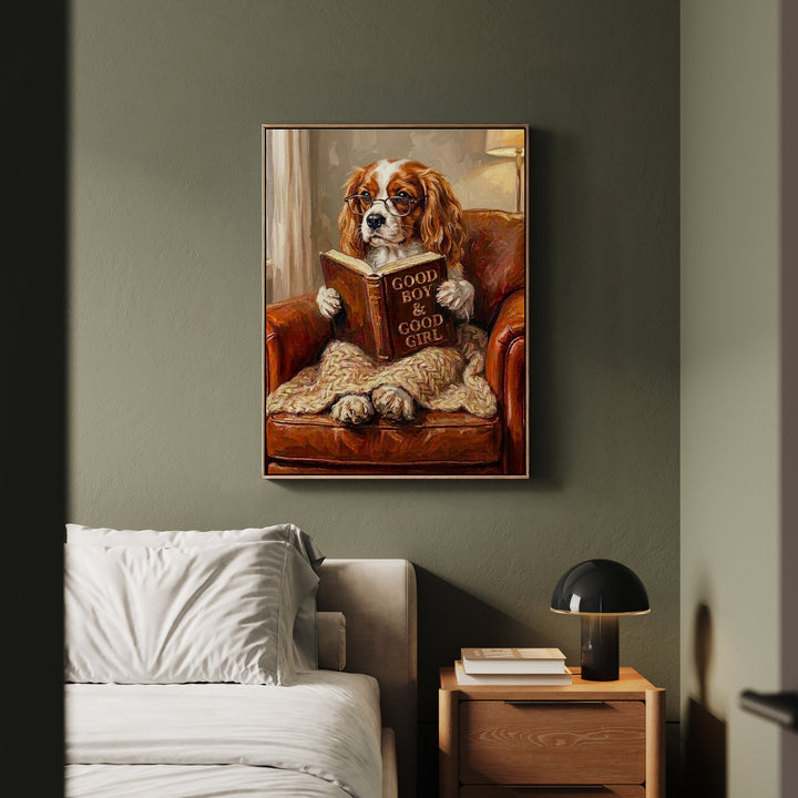 "Evening Read" - Cavalier King Charles Vertical Framed Canvas - Dog Lover Wall Art