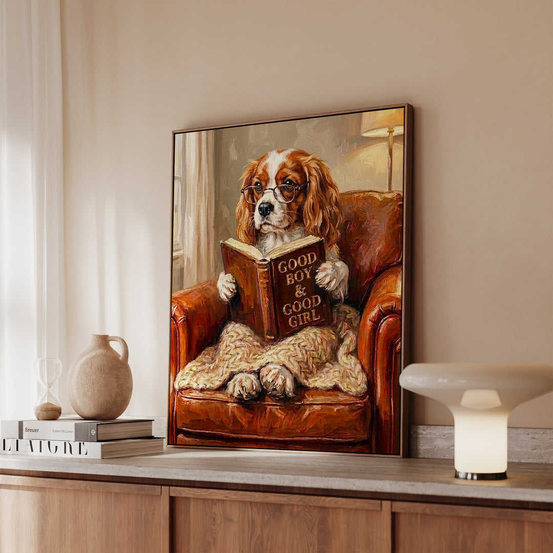 Cavalier King Charles Evening Read Framed Canvas