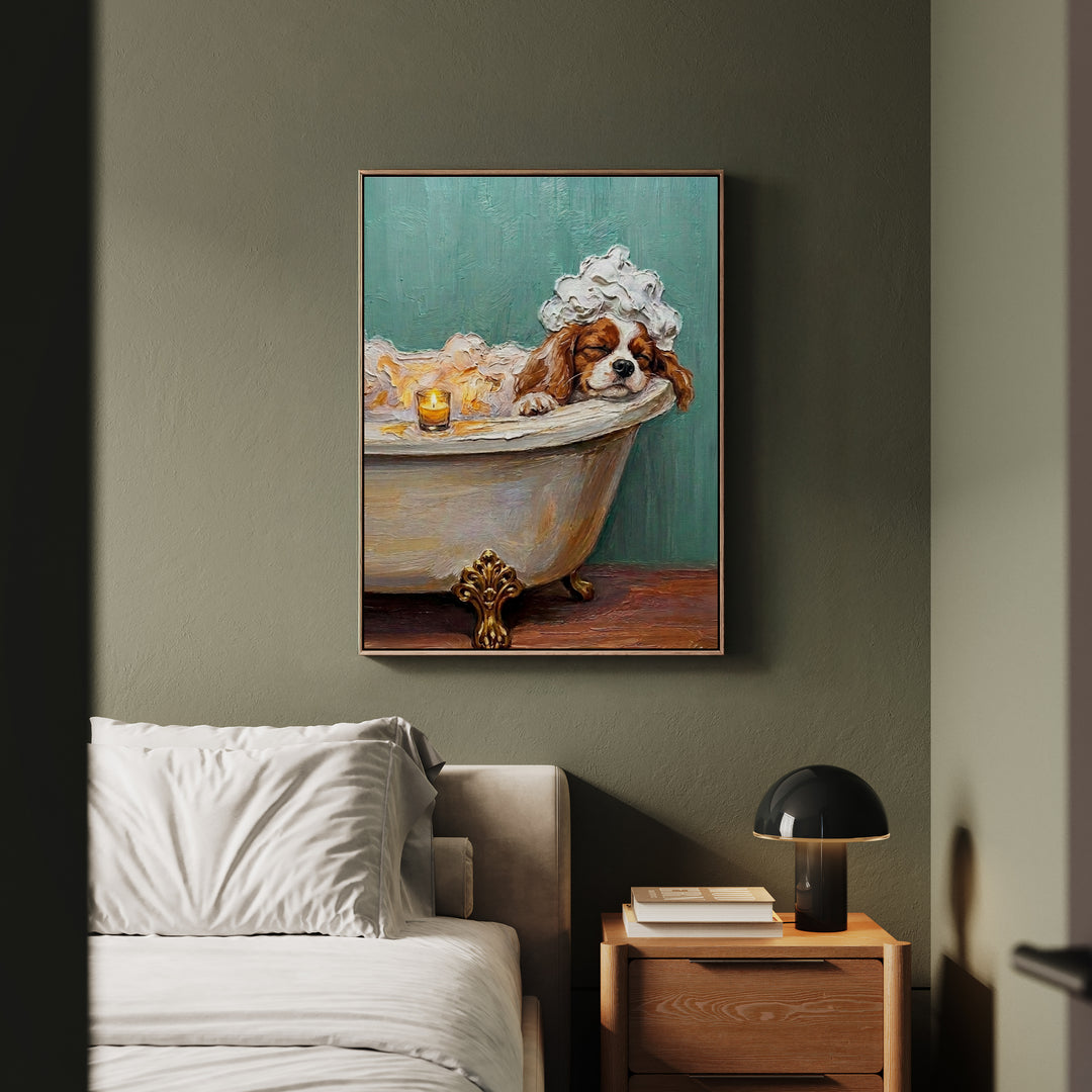 "Spa Day" - Cavalier King Charles Vertical Framed Canvas - Dog Lover Wall Art