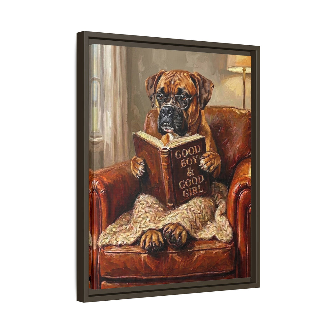 "Evening Read" - Boxer Vertical Framed Canvas - Dog Lover Wall Art