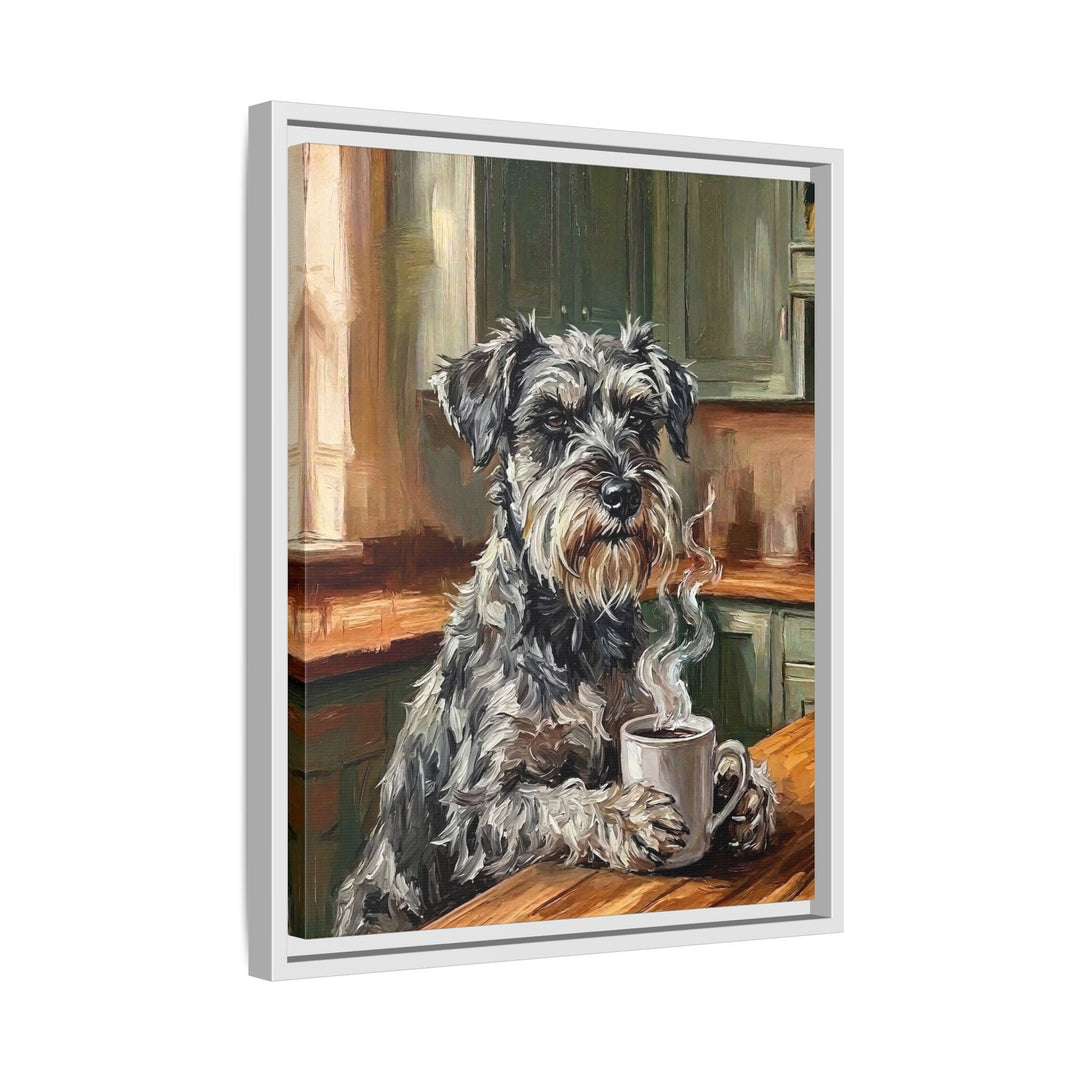 "Before Coffee" - Schnauzer Vertical Framed Canvas - Dog Lover Wall Art