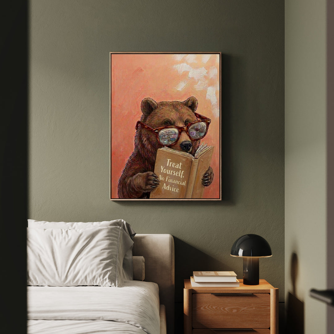 "Treat Yourself" - Bear Vertical Framed Canvas - Animal Book Humor Wall Art