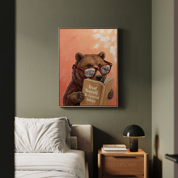 "Treat Yourself" - Bear Vertical Framed Canvas - Animal Book Humor Wall Art