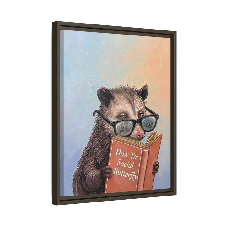 "How To Social Butterfly" - Opossum Vertical Framed Canvas - Animal Book Humor Wall Art