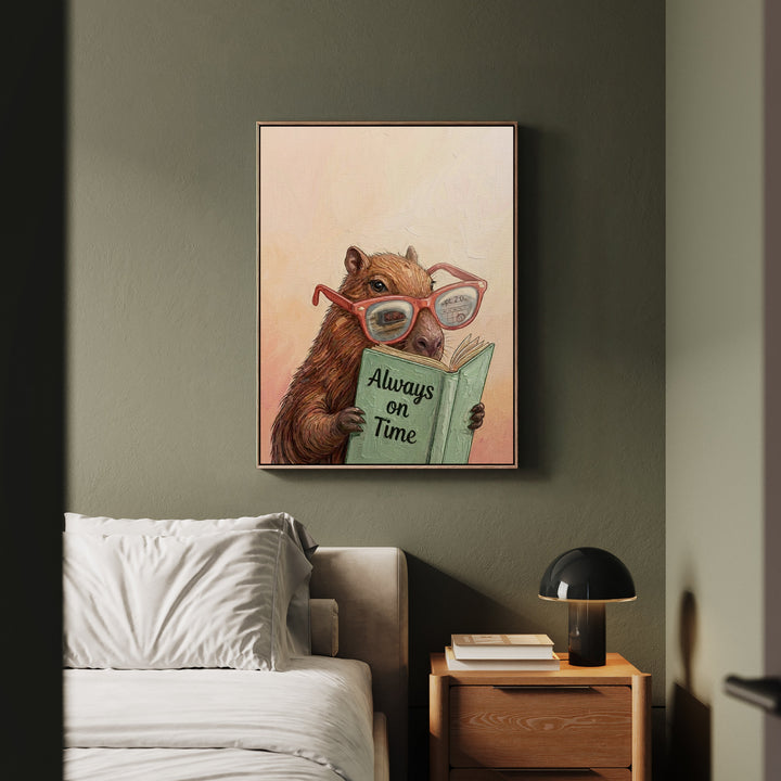 "Always on Time" - Capybara Vertical Framed Canvas - Animal Book Humor Wall Art