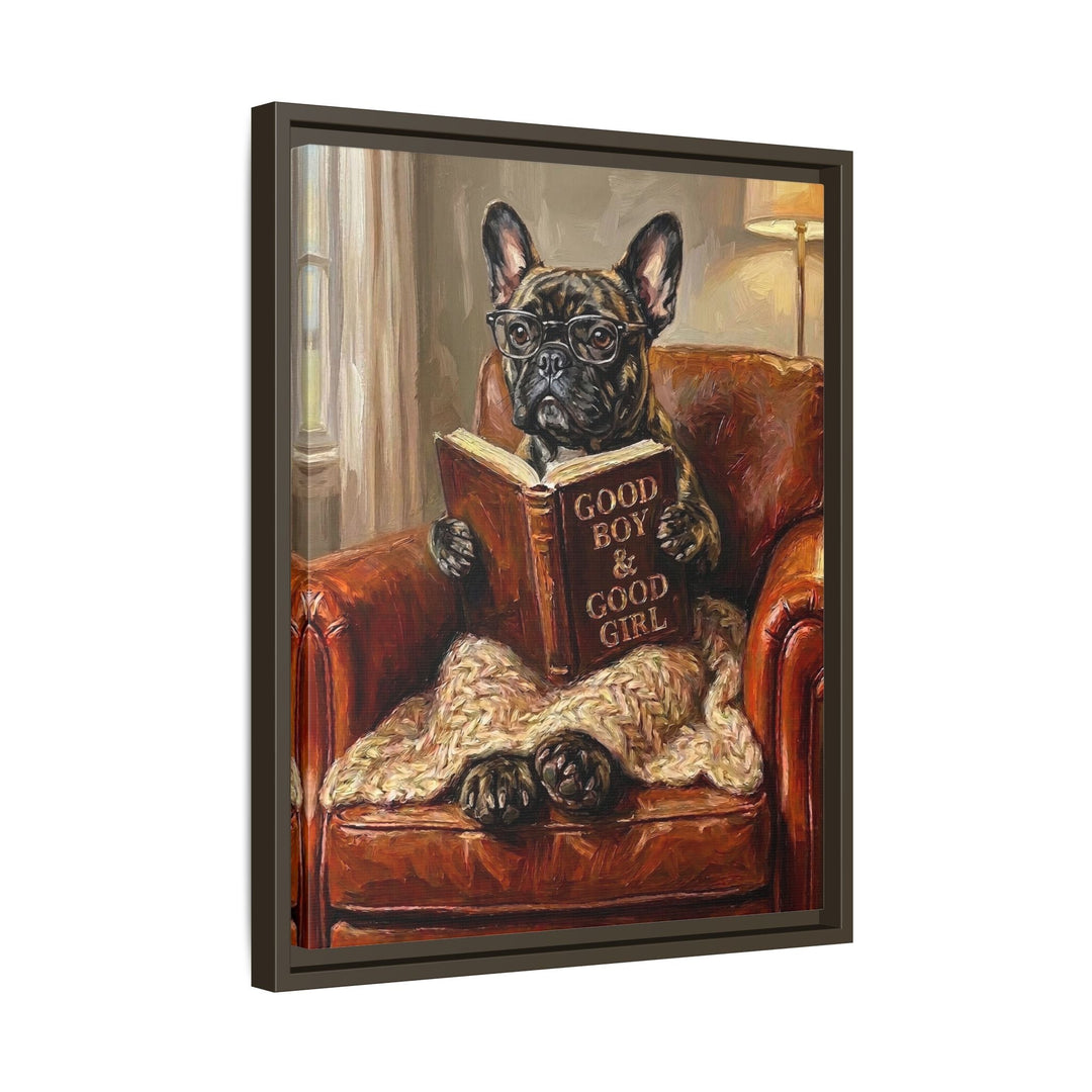 "Evening Read" - French Bulldog Vertical Framed Canvas - Dog Lover Wall Art
