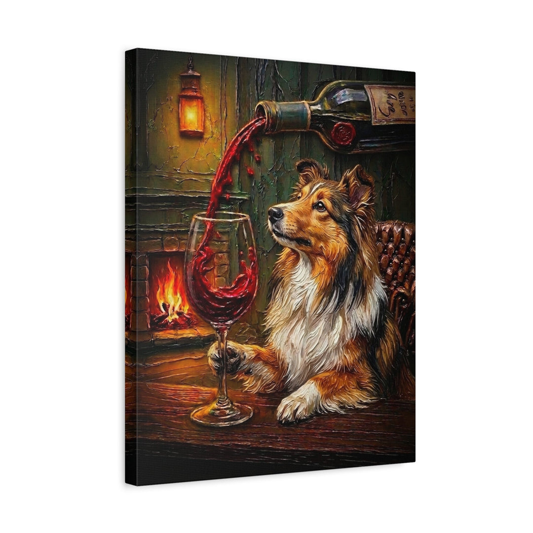 "Wine & Woof" - Shetland Sheepdog Vertical Canvas - Dog Lover Wall Art