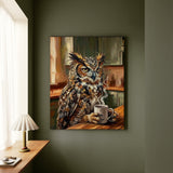 "Coffee & Silence" - Owl Vertical Canvas - Spirit Animal Wall Art