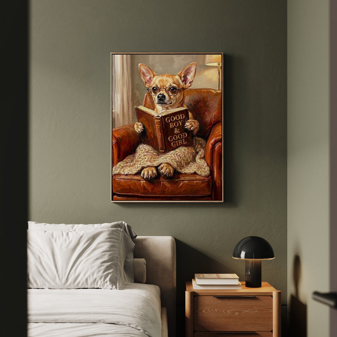 "Evening Read" - Chihuahua Vertical Framed Canvas - Dog Lover Wall Art
