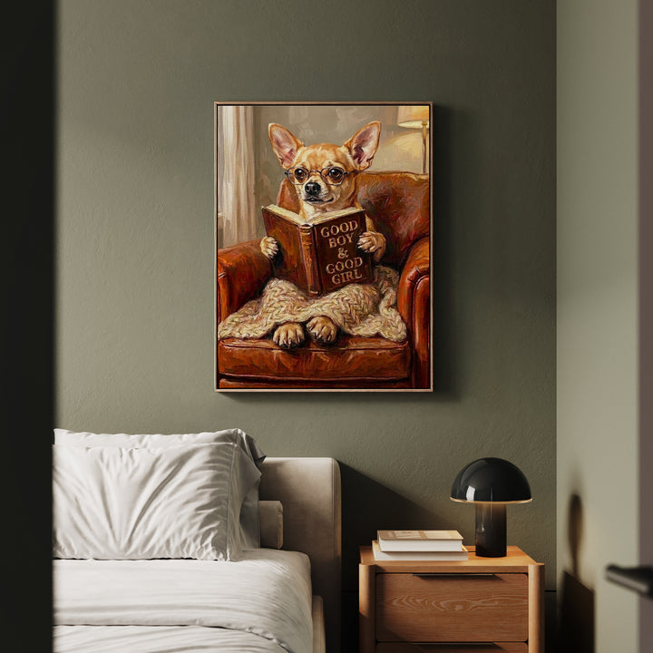 "Evening Read" - Chihuahua Vertical Framed Canvas - Dog Lover Wall Art