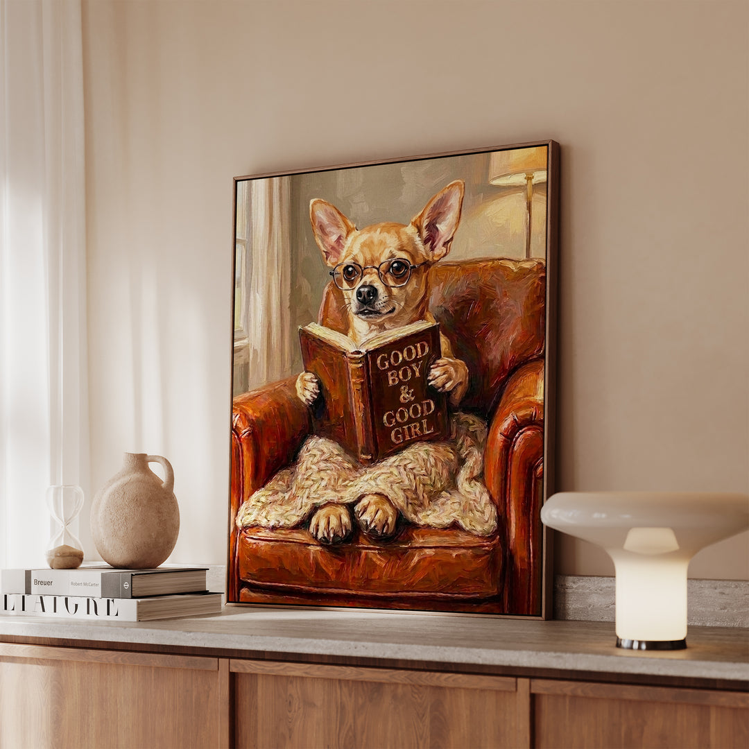 Chihuahua Evening Read Framed Canvas